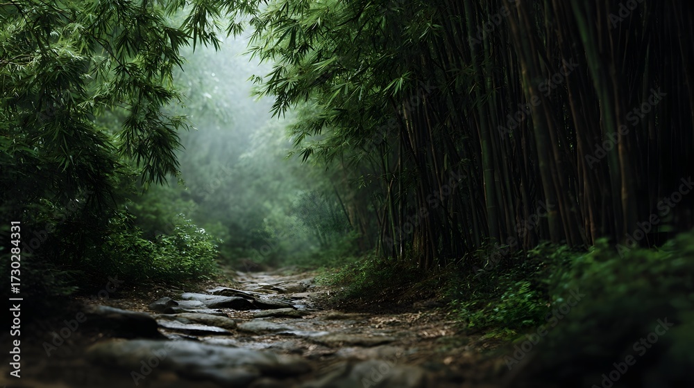 Obraz premium A stone pathway winds through a dense misty bamboo forest illuminated by soft morning light