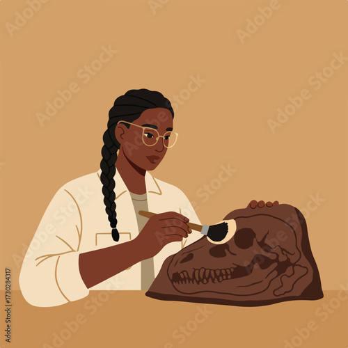 Fossil cleaning Woman brushes dinosaur skull fossil in laboratory setting