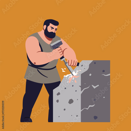 Man chiseling stone with hammer and chisel on an orange background