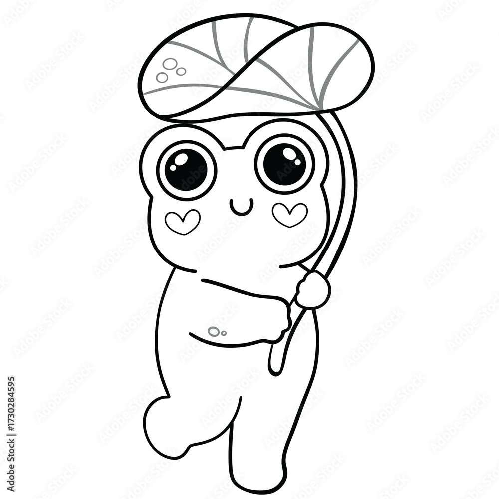 Obraz premium Black line art of cute frog holding umbrella 