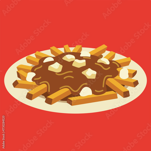 Cartoon poutine fries, gravy, and cheese curds on a plate, red backdrop