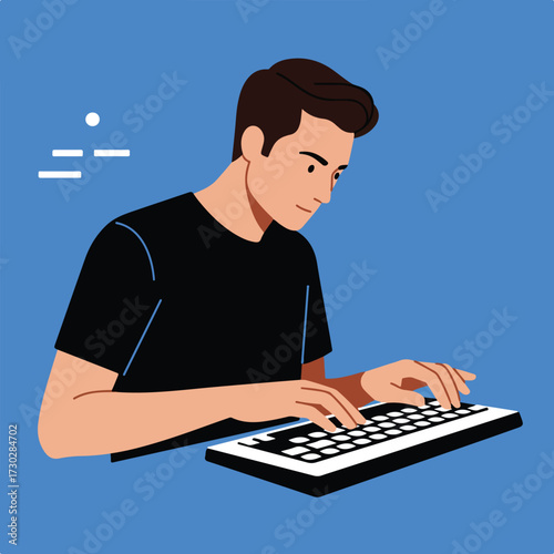 Man types on keyboard; blue backdrop with abstract white shapes to the left
