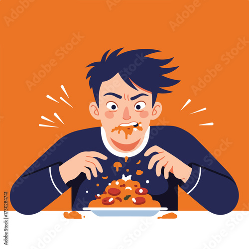 Man gorges messily on pasta, face smeared, with motion lines, on orange background