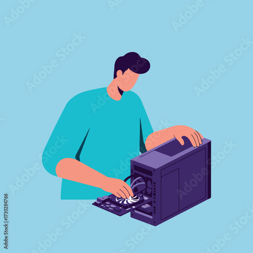 Man repairs open computer tower, motherboard with fan visible, light blue bg
