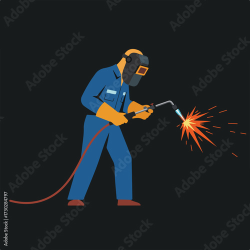 Welder at work, blue suit, orange gloves, welding torch with sparks on black background