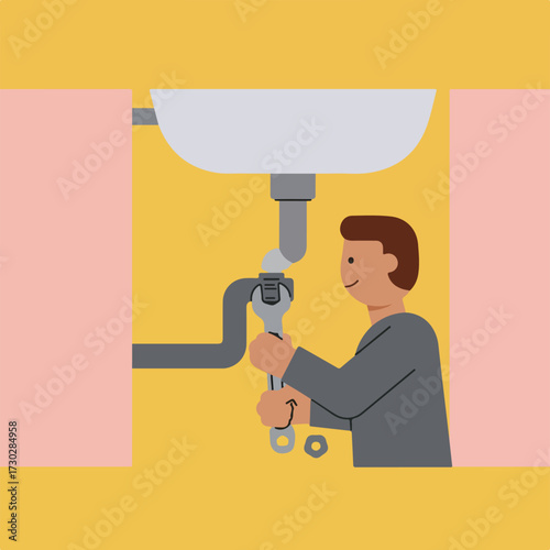 Plumber repairing a sink, holding a wrench, bolts beneath. Simple shapes