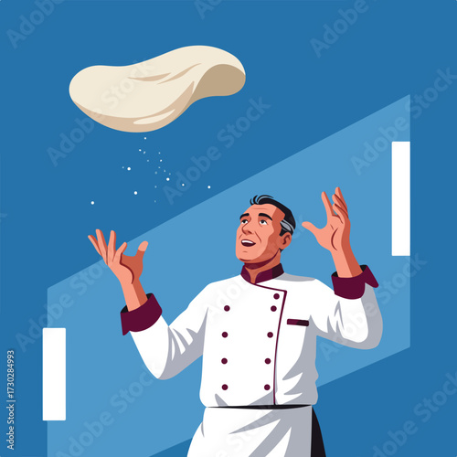 Chef tosses dough, blue background, white squares, white chef uniform, red trim