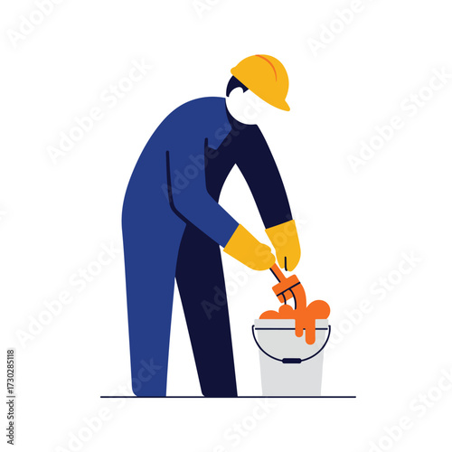 Worker stirring orange substance in bucket with tool, wearing helmet and gloves