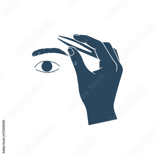 Hand holding tweezers plucking eyebrow hair, eye visible