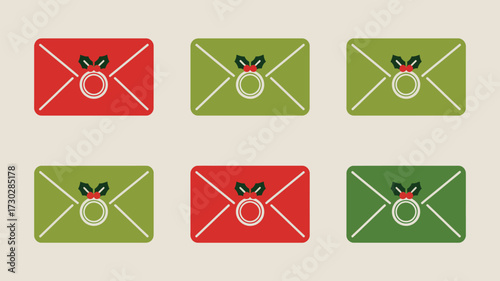 Six christmas envelopes arranged in two rows with red and green colors and holly decorations design