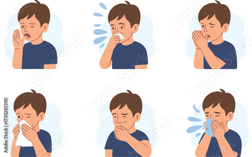 Cartoon boy sneezing, coughing, sick child illustration, flu symptoms, cold infection, allergy reaction, health care, virus spread, medical concept