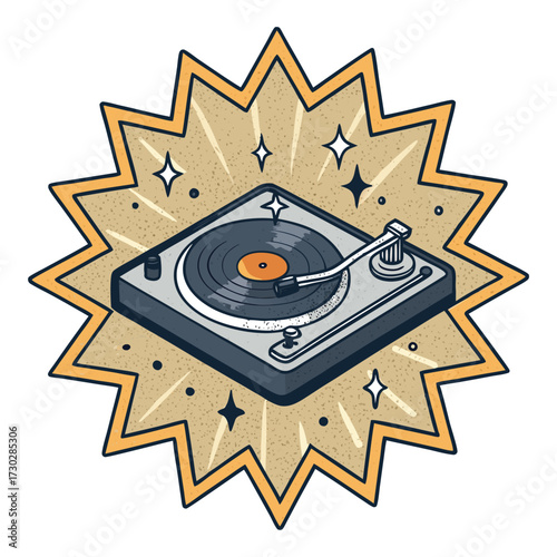 A vintage turntable with a record spins in a burst.