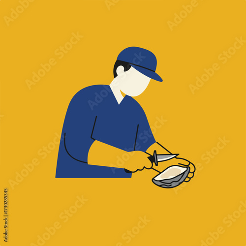 Oysterman opening shellfish with glove and knife, against gold background