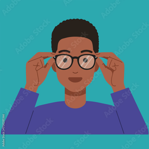 Man adjusting eyeglasses on teal background