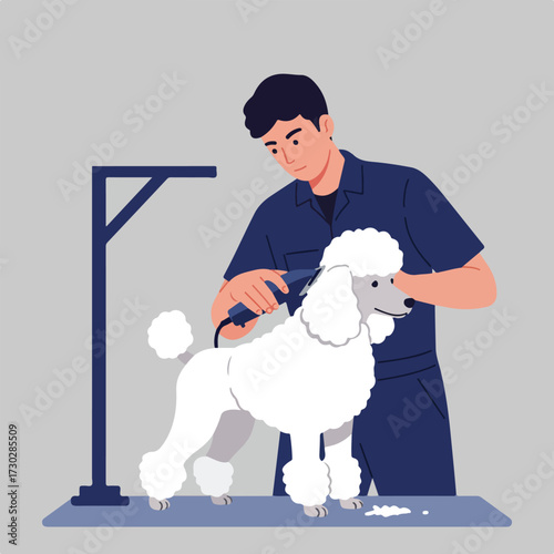 Groomer cuts white poodle on table with clipper