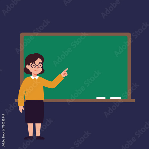 Teacher points to blank chalkboard