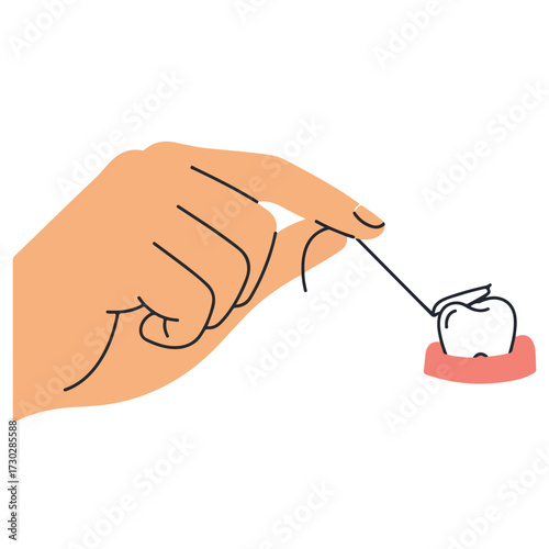 Hand using dental floss to clean between tooth and gums, simple cartoon
