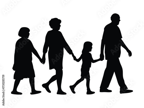 Parents Holding Hands with Two Children Silhouette
