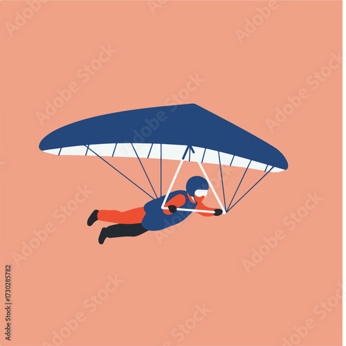 Hang glider soars with figure, set against solid peachy background