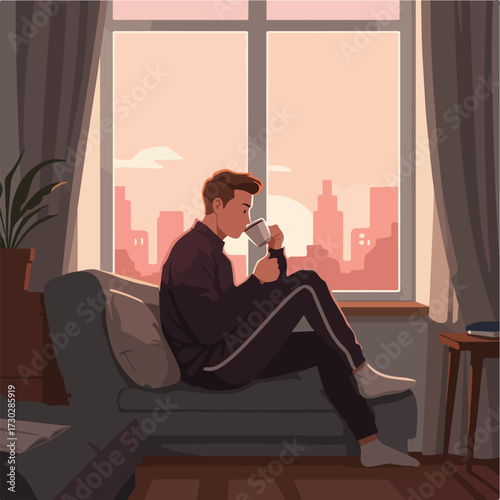 Man sips coffee looking out a window at a cityscape, indoors