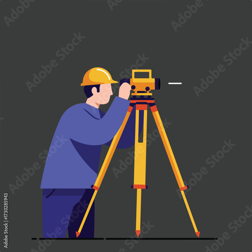 Worker surveys with theodolite wearing hard hat, on tripod, set on dark background