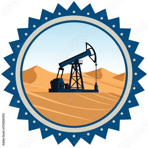 Desert oil pump jack in a decorative frame. in detailed view.