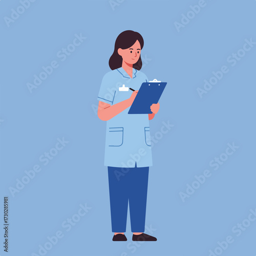Nurse in scrubs taking notes on a clipboard, light blue background