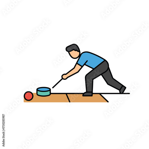 Man playing crokinole game, bent over table, aiming at disk with stick