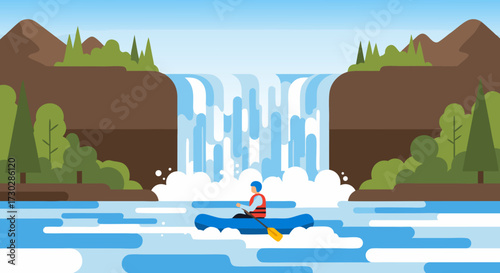 A person in a life jacket navigates a raft down a river towards a powerful waterfall surrounded by lush green trees and hills under a clear sky