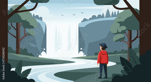 Man in Red Hoodie Gazing at Majestic Waterfall in a Lush Forest Landscape, Embracing the Serenity of Nature's Grandeur