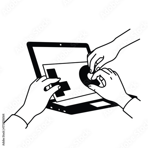 Three hands interact with a laptop screen displaying a plus and circle symbol