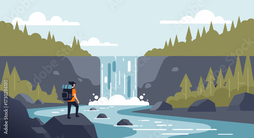 Scenic waterfall vista with a lone hiker admiring the natural beauty of a serene river flowing through a lush, forested landscape under a cloudy sky, evoking adventure and tranquility