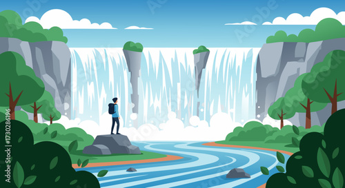 Breathtaking natural waterfall vista with a lone hiker contemplating the majestic scenery, surrounded by lush greenery and a winding river