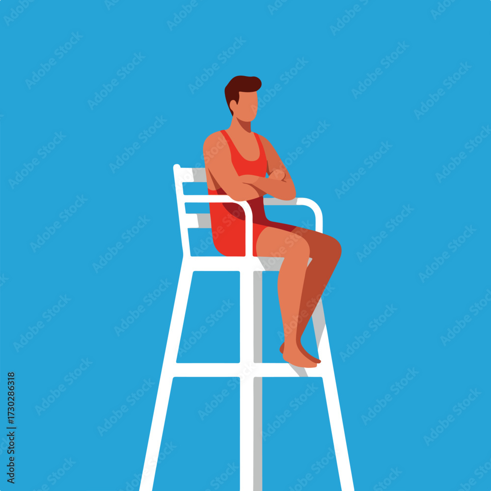 Fototapeta premium Lifeguard in red swimsuit sitting in white tall chair against blue background