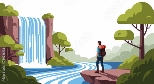 A lone hiker gazes at a majestic waterfall cascading into a river, surrounded by lush green trees and natural beauty