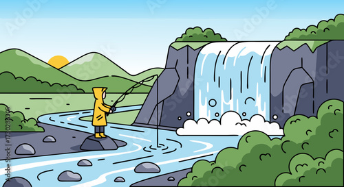 A lone angler in a yellow raincoat stands on a rock, casting a fishing line into the flowing river beside a picturesque waterfall, surrounded by lush green bushes and rolling hills under a bright sun