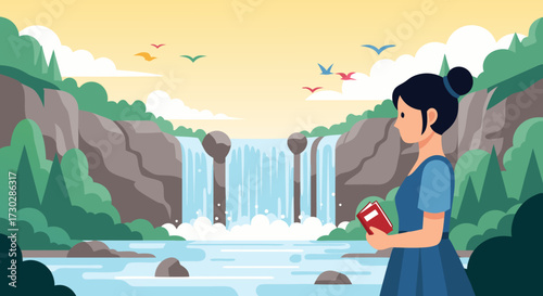 A person in a blue dress stands and looks at a serene waterfall amidst lush green trees and colorful birds flying in the sky