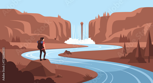 Solo explorer standing on cliff edge overlooking expansive canyon with winding river and distant waterfall - adventure and nature