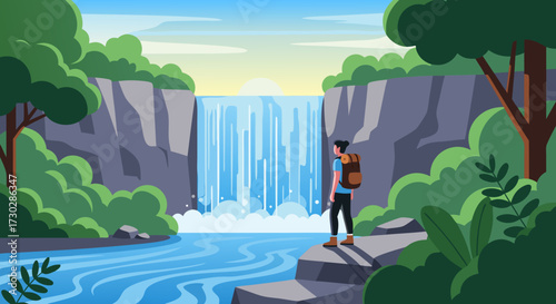 Vibrant illustration of a solitary hiker gazing at a majestic waterfall cascading down rocky cliffs surrounded by lush green trees and foliage under a bright sun