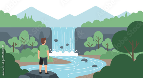 A lone explorer contemplates the majestic beauty of a cascading waterfall surrounded by lush green trees and rocky terrain, a serene natural landscape