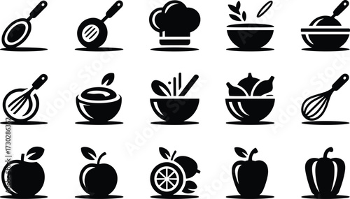 Cooking kitchen utensils and food icons set with frying pan, whisk, chef hat, fruits, vegetables, salad bowl, modern design
