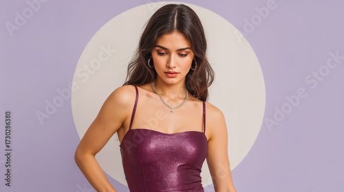 Young woman in stylish purple dress