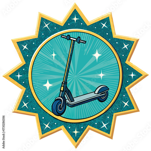 A stylized illustration of a kick scooter inside a starburst badge.