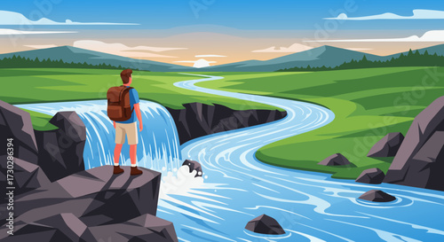 Serene Mountain Landscape with a Waterfall and a Hiker Observing a Jumping Fish in the Flowing River, Capturing the Essence of Nature's Tranquility and Outdoor Adventure