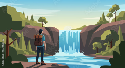 A lone hiker pauses on a cliff edge to admire a breathtaking waterfall cascading into a serene blue river, surrounded by lush green trees and majestic mountains under a warm sunrise