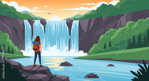 A lone traveler admires the breathtaking beauty of a majestic waterfall cascading into a serene river amidst lush green hills during a vibrant sunset, evoking a sense of adventure and tranquility