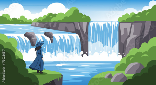 Serene waterfall vista with a lone figure in a blue coat admiring the breathtaking natural beauty and cascading water, evoking a sense of peace and wonder