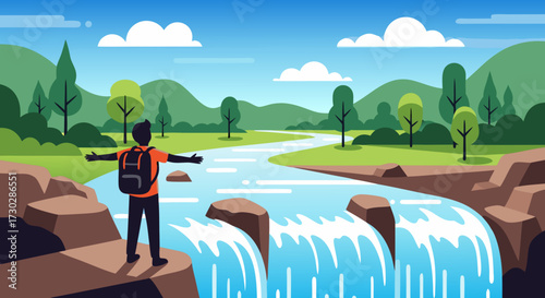 Illustration of a person with outstretched arms standing on a rock overlooking a waterfall in a serene natural landscape with rolling hills and trees