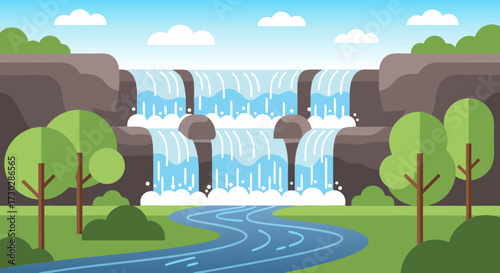 Serene cascading waterfall flowing down rocky cliffs into a winding river with lush green trees and blue sky, a picturesque natural landscape illustration