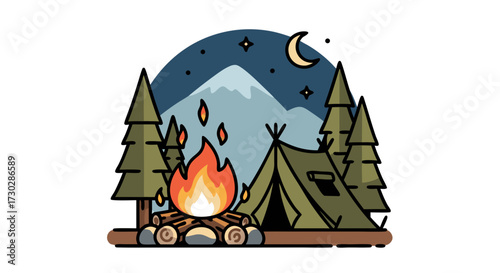 Cozy campsite scene with a crackling campfire, a green tent under a starry night sky, pine trees, and a distant mountain, perfect for outdoor adventure and relaxation
